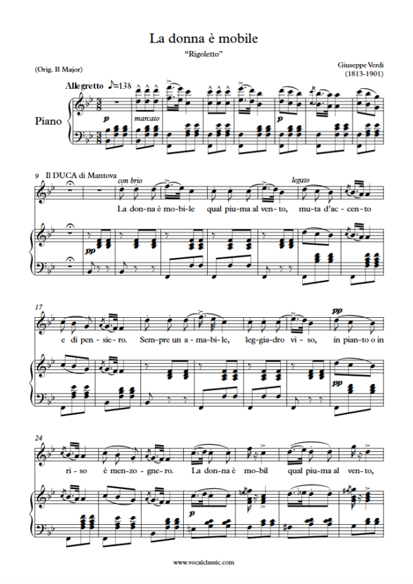 G. Verdi : La donna è mobile (Bb Key) – Rigoletto PDF Sheet music