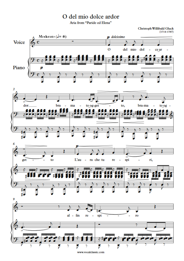 C. Gluck : O del mio dolce ardor (A minor Key) PDF Sheet music