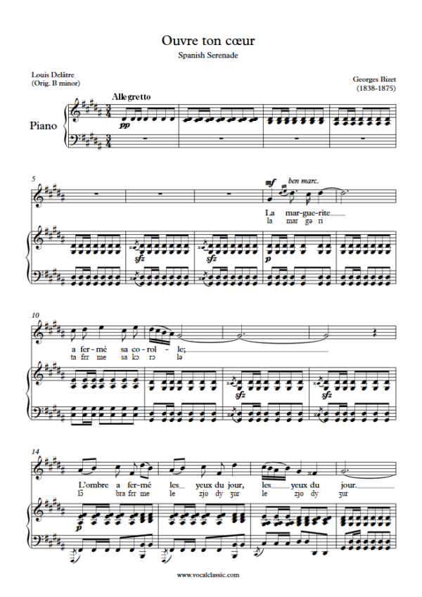 G. Bizet : Ouvre ton cœur (G sharp minor Key) PDF with IPA Sheet music