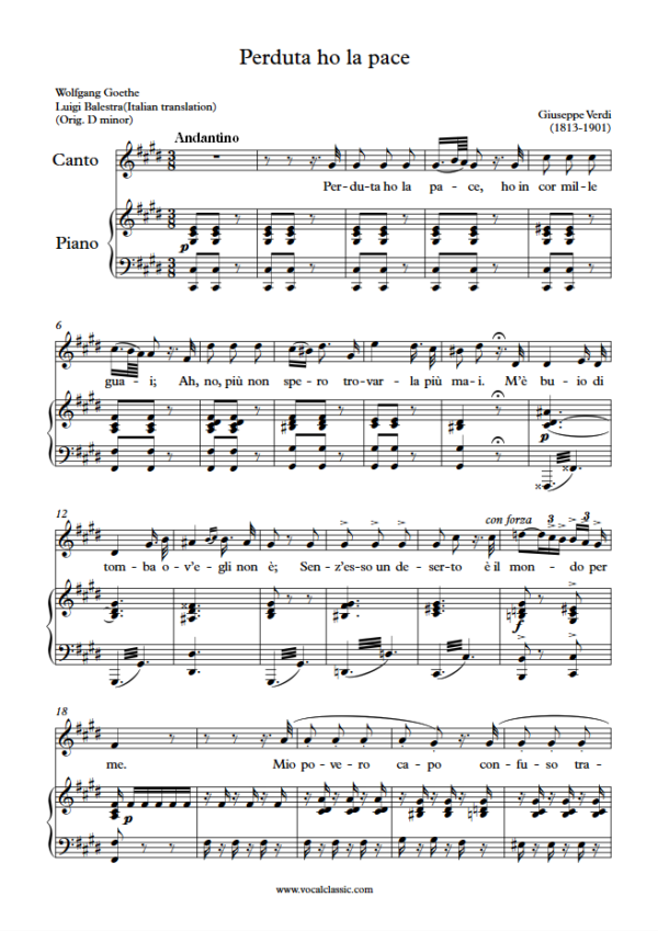 G. Verdi : Perduta ho la pace (C sharp minor Key) PDF Sheet music