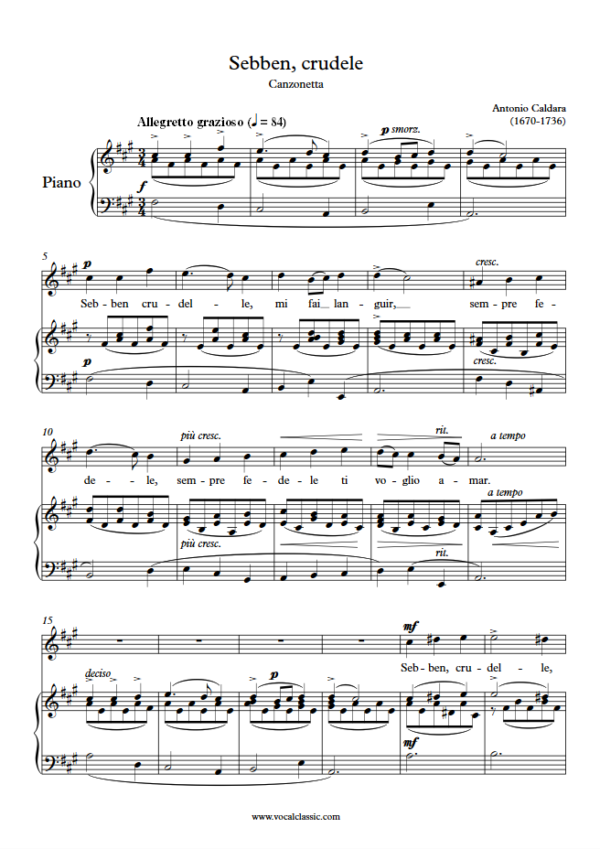 A. Caldara : Sebben, crudele (F sharp minor Key) PDF Sheet music