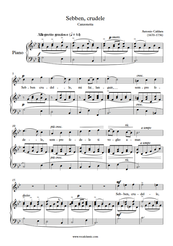 A. Caldara : Sebben, crudele (G minor Key) PDF Sheet music