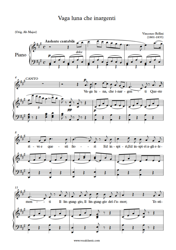 V. Bellini : Vaga luna, che inargenti (A Key) PDF Sheet music