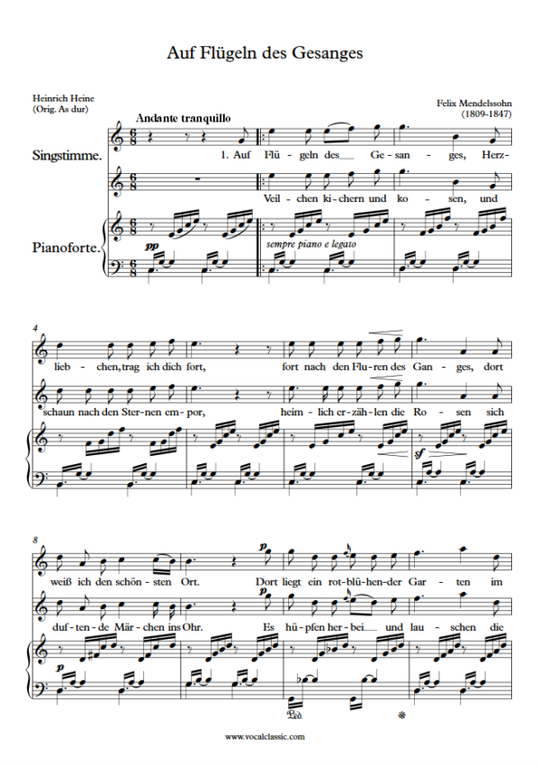 F. Mendelssohn : Auf Flügeln des Gesanges (C Key) PDF Sheet music