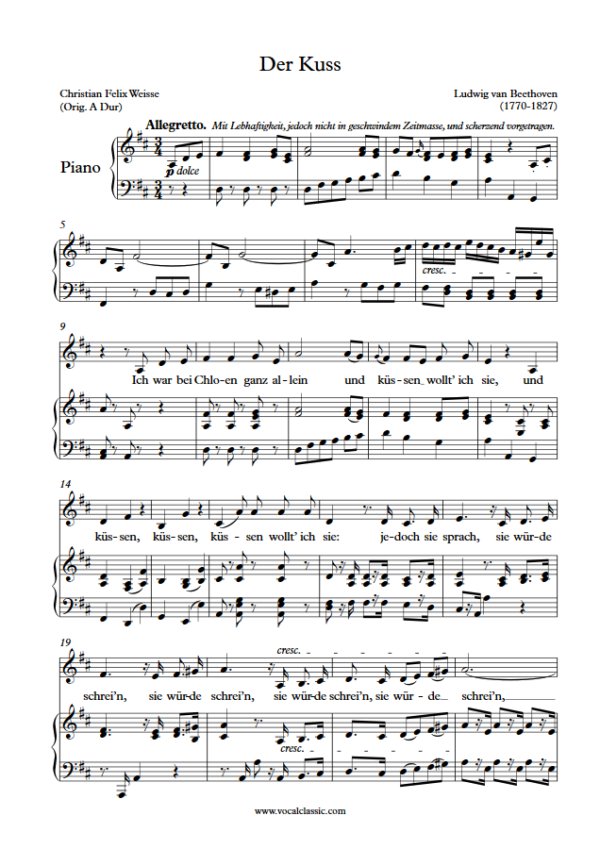 L. v. Beethoven : Der Kuss (D Key) PDF Sheet music