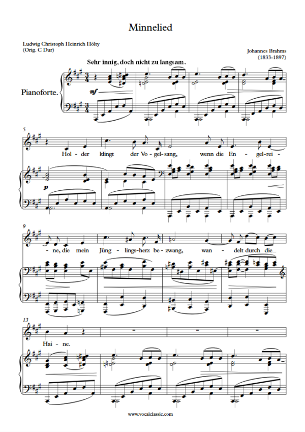 J. Brahms : Minnelied (A Key) PDF Sheet music