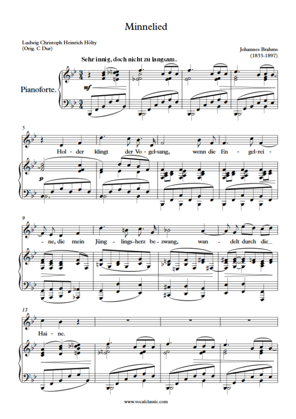 J. Brahms : Minnelied (Bb Key) PDF Sheet music