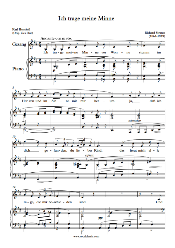 R. Strauss : Ich trage meine Minne (D Key) PDF Sheet music