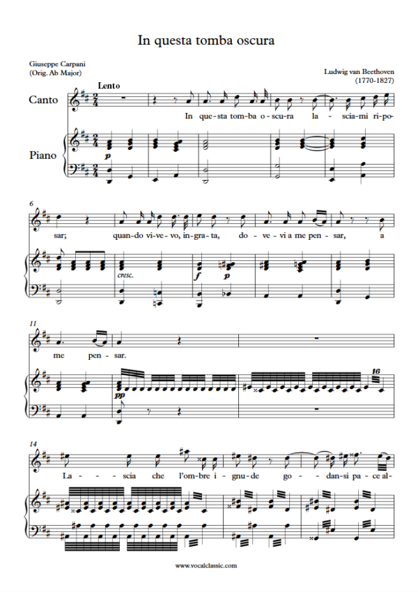 L. v. Beethoven : In questa tomba oscura (D Key) PDF Sheet music