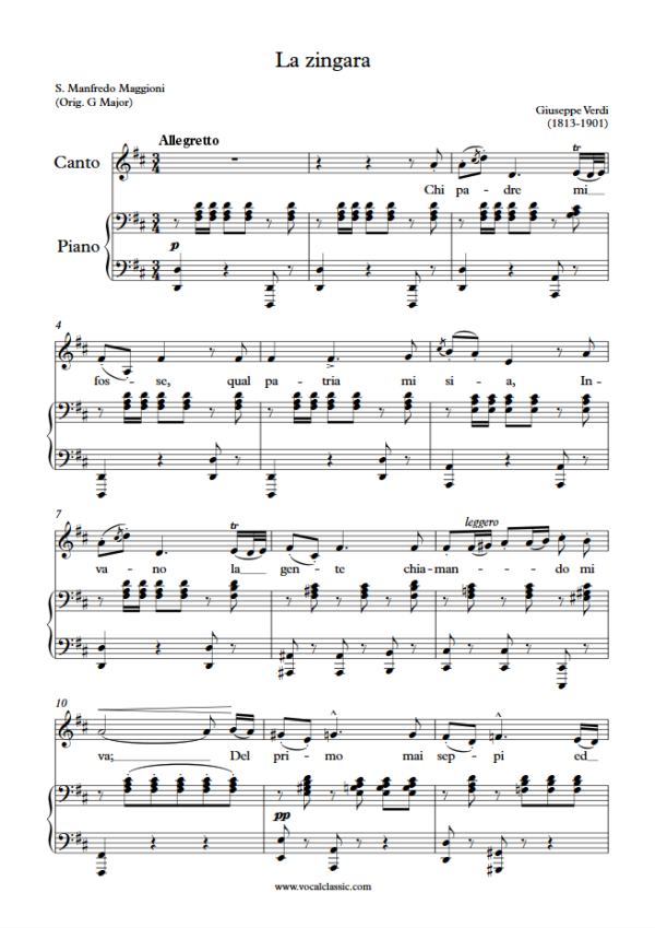 G. Verdi : La zingara (D Key) PDF Sheet music