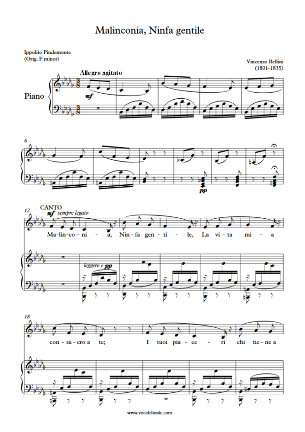 V. Bellini : Malinconia, Ninfa gentile (Bb minor Key) PDF Sheet music