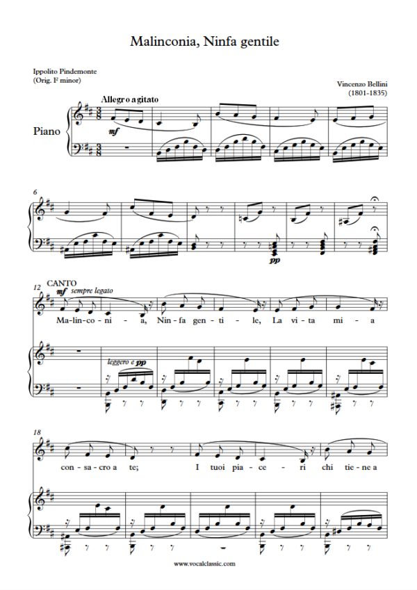 V. Bellini : Malinconia, Ninfa gentile (B minor Key) PDF Sheet music