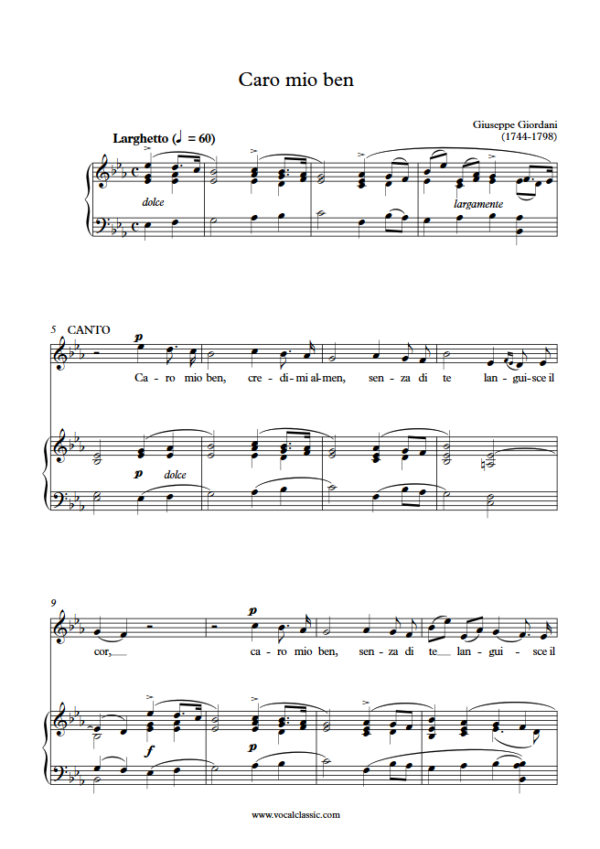 G. Giordani : Caro mio ben (Eb Key) PDF Sheet music