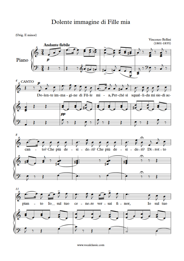 V. Bellini : Dolente immagine di Fille mia (A minor Key) PDF Sheet music