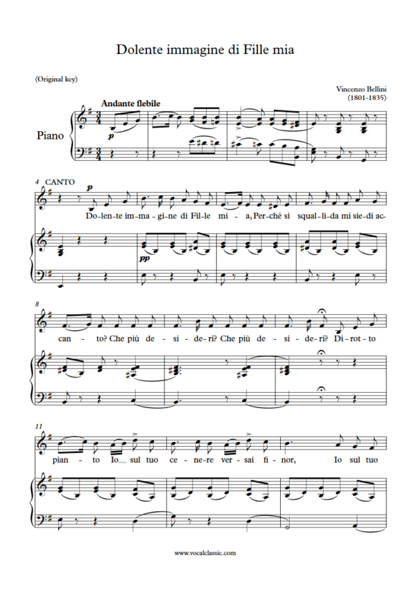 V. Bellini : Dolente immagine di Fille mia (E minor Key, Original) PDF Sheet music