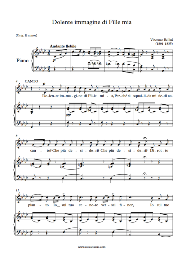 V. Bellini : Dolente immagine di Fille mia (F minor Key) PDF Sheet music