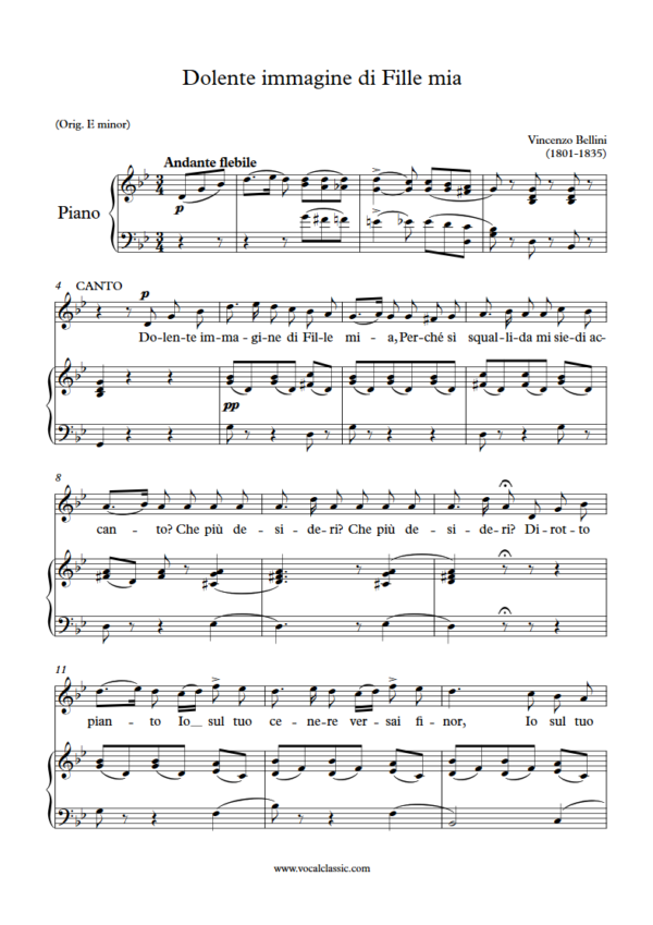 V. Bellini : Dolente immagine di Fille mia (G minor Key) PDF Sheet music