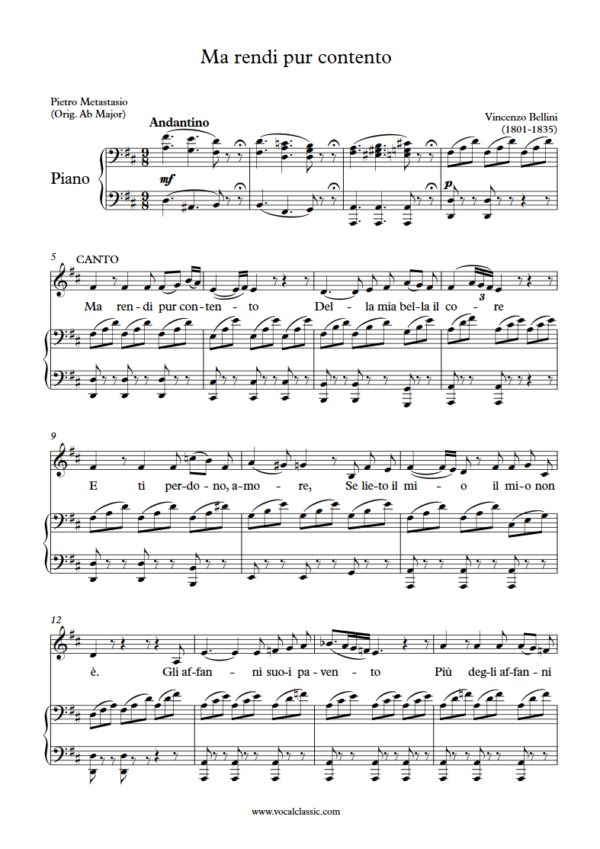 V. Bellini : Ma rendi pur contento (D Key) PDF Sheet music