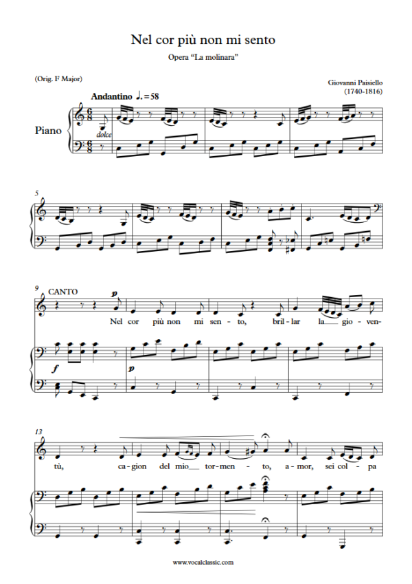 G. Paisiello : Nel cor più non mi sento (C Key) PDF Sheet music