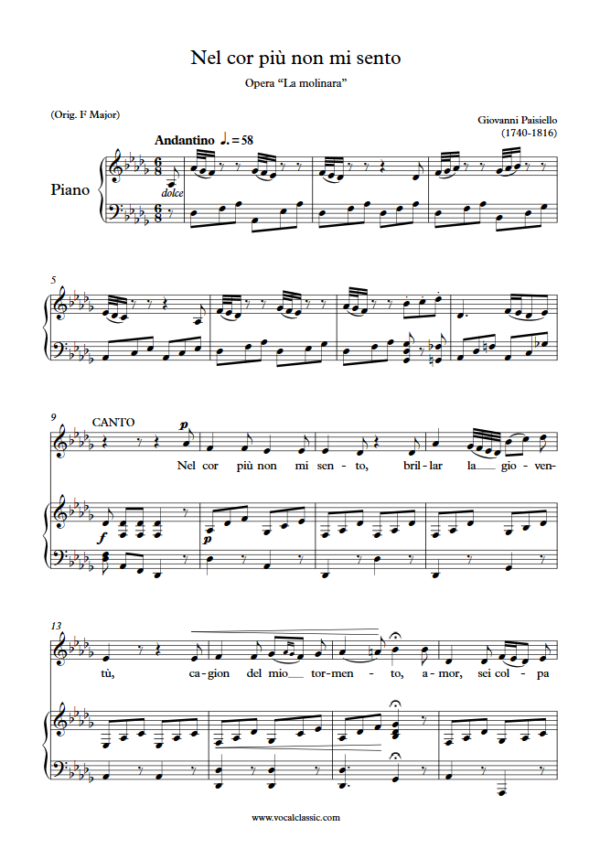 G. Paisiello : Nel cor più non mi sento (Db Key) PDF Sheet music