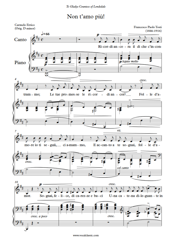 F. P. Tosti : Non t’amo più (B minor Key) PDF Sheet music