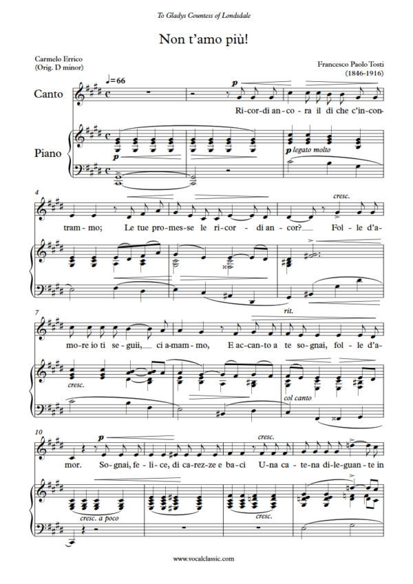 F. P. Tosti : Non t’amo più (C sharp minor Key) PDF Sheet music