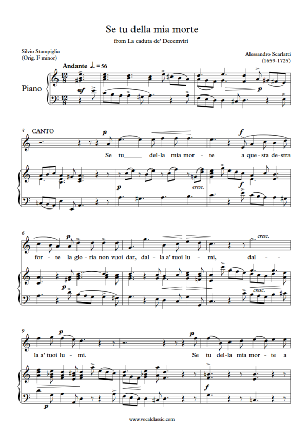 A. Scarlatti : Se tu della mia morte (A minor key) PDF Sheet music