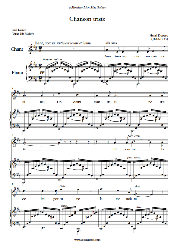 H. Duparc : Chanson triste (D Key) PDF Sheet music