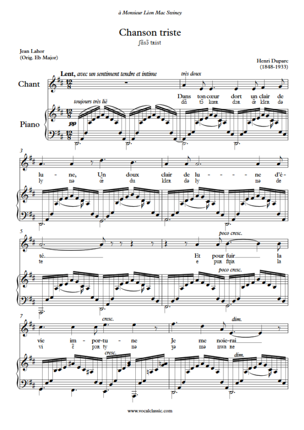 H. Duparc : Chanson triste with IPA (D Key) PDF Sheet music