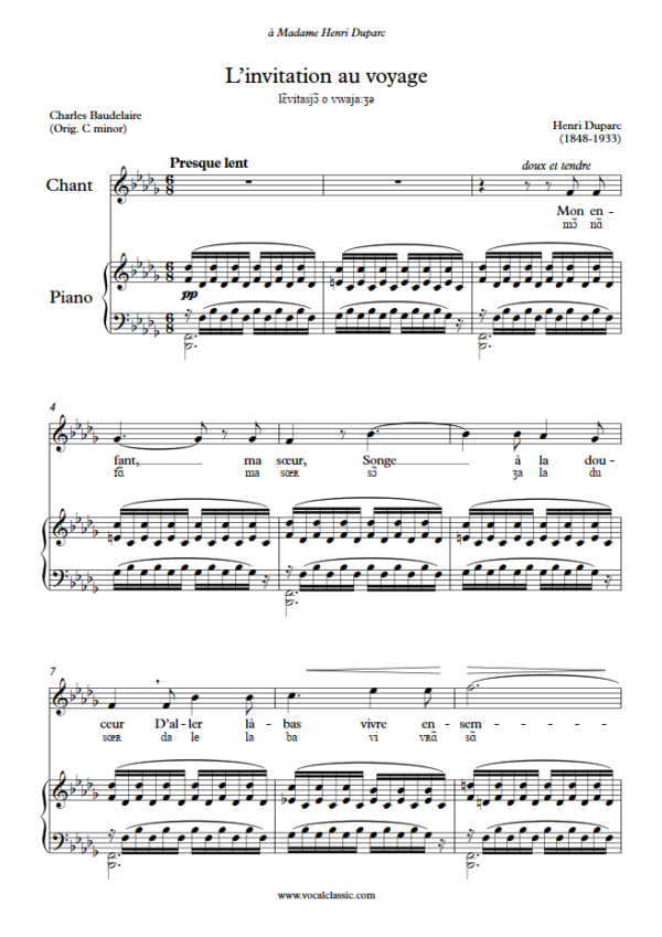 H. Duparc : L’invitation au voyage with IPA (Bb minor Key) PDF Sheet music