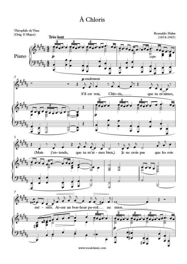 R. Hahn : À Chloris (B Key) PDF Sheet music