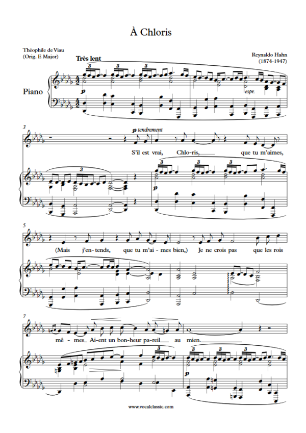 R. Hahn : À Chloris (Db Key) PDF Sheet music