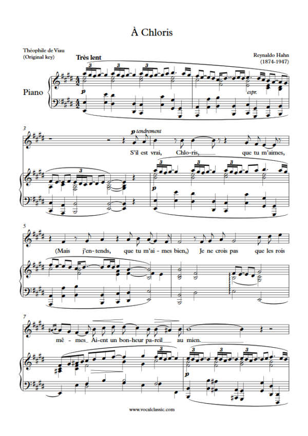 R. Hahn : À Chloris (E Key, Original) PDF Sheet music