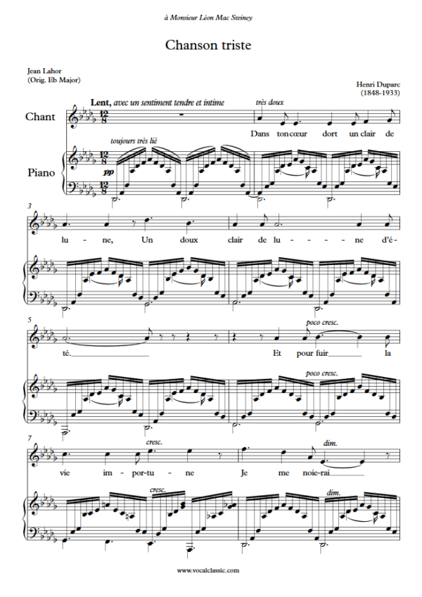 H. Duparc : Chanson triste (Db Key) PDF Sheet music