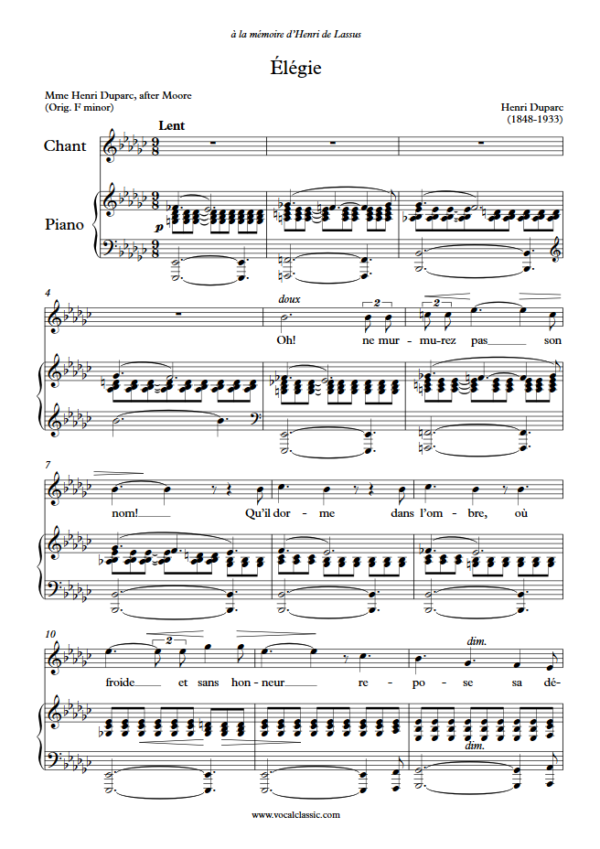 H. Duparc : Élégie (Eb minor Key) PDF Sheet music