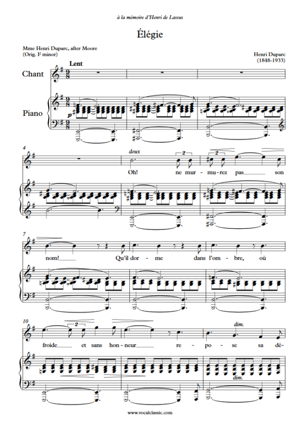 H. Duparc : Élégie (E minor Key) PDF Sheet music