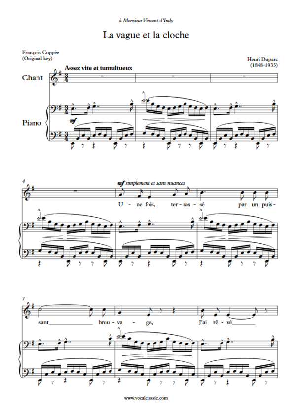 H. Duparc : La vague et la cloche (E minor Key, Original) PDF Sheet music