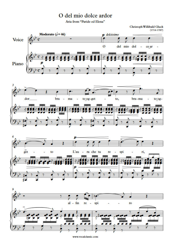 C. Gluck : O del mio dolce ardor (G minor Key) PDF Sheet music