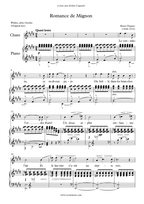 H. Duparc : Romance de Mignon (E Key, Original) PDF Sheet music