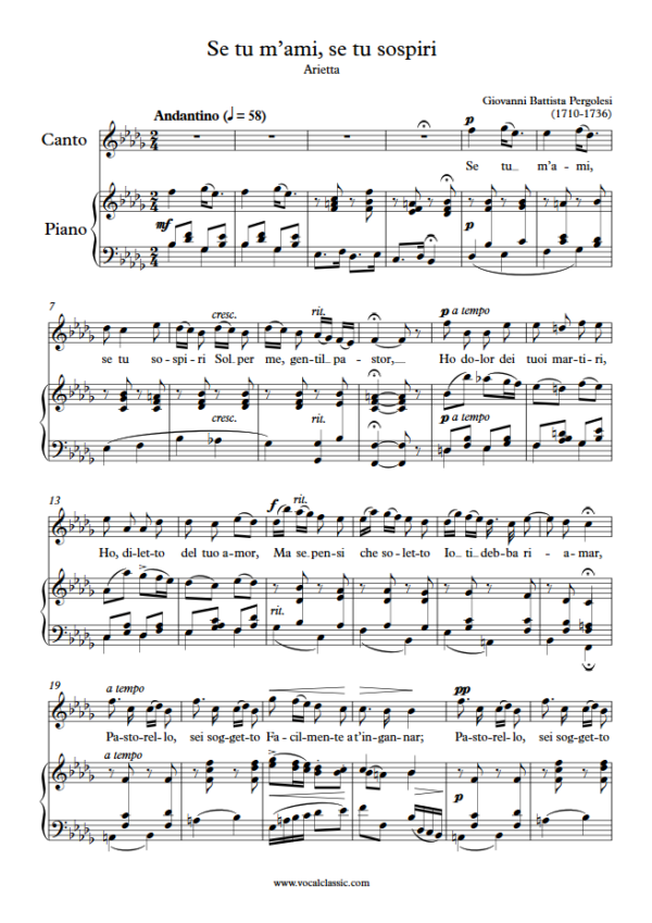 G. B. Pergolesi : Se tu m’ami, se tu sospiri (Bb minor Key) PDF Sheet music