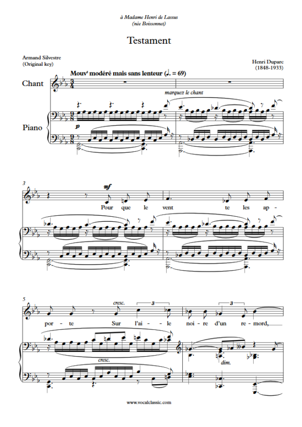 H. Duparc : Testament (C minor Key, Original) PDF Sheet music