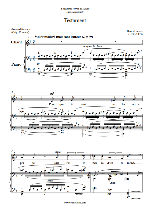 H. Duparc : Testament (D minor Key) PDF Sheet music