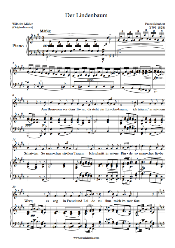 F. Schubert : Der Lindenbaum (E Key, Original) PDF Sheet music