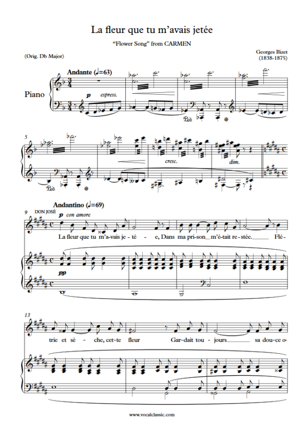 G. Bizet : La fleur que tu m’avais jetée (B Key) PDF – Flower Song Sheet music