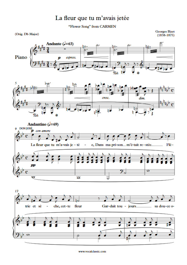 G. Bizet : La fleur que tu m’avais jetée (Bb Key) PDF – Flower Song Sheet music