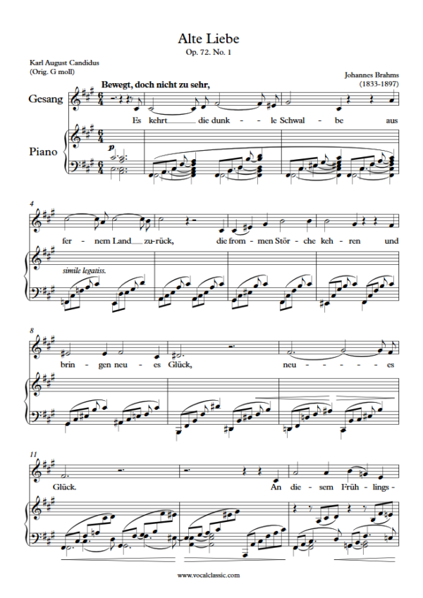 J. Brahms : Alte Liebe (F sharp minor Key) PDF Sheet music