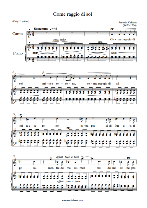 A. Caldara : Come raggio di sol (A minor Key) PDF Sheet music