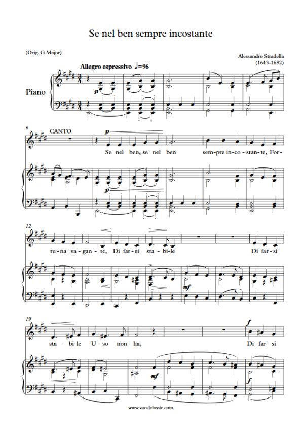 A. Stradella : Se nel ben sempre incostante (E Key) PDF Sheet music