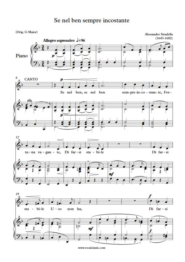 A. Stradella : Se nel ben sempre incostante (F Key) PDF Sheet music