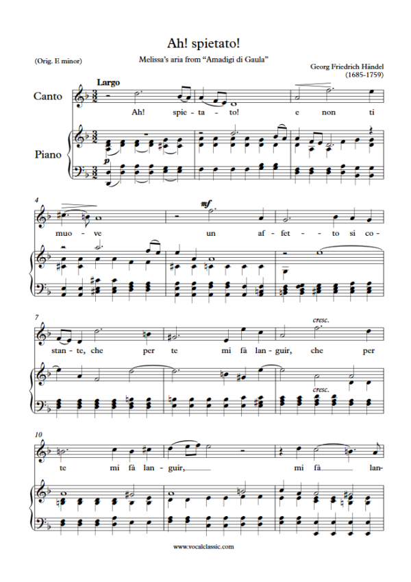 G. F. Handel : Ah! spietato! (D minor Key) PDF Sheet music